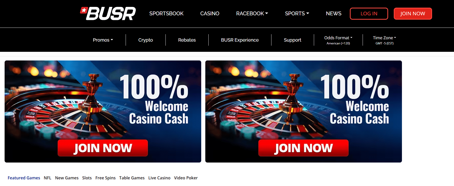 BUSR home page, casino welcome bonuses, sportsbook section and crypto options BUSR